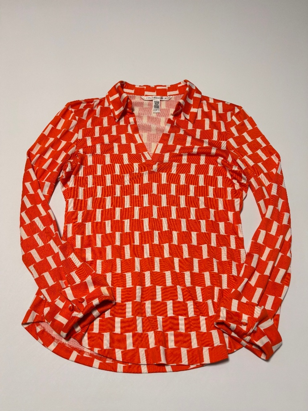 Diane von Furstenberg Orange Geometric Long Sleeve Silk Blouse Size 6